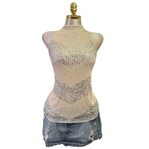 90s Vintage Ivory Silver Turtleneck Sequin Top [L]
