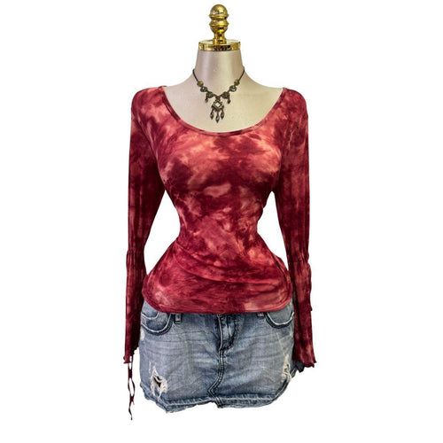90s Vintage Red Tie Dye Boho Tie Sleeve Top [L]