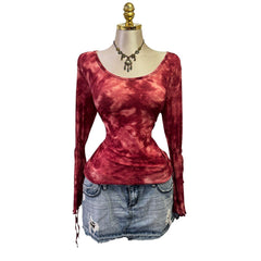 90s Vintage Red Tie Dye Boho Tie Sleeve Top [L]