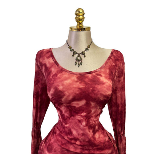 90s Vintage Red Tie Dye Boho Tie Sleeve Top [L]