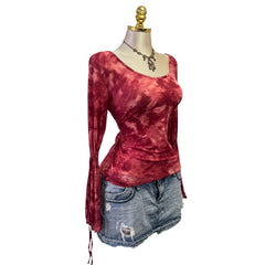 90s Vintage Red Tie Dye Boho Tie Sleeve Top [L]