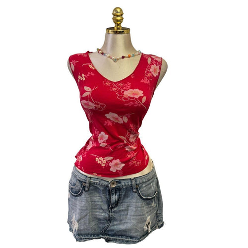 Y2K Vintage Red Floral V-Neck Tank Top [M]