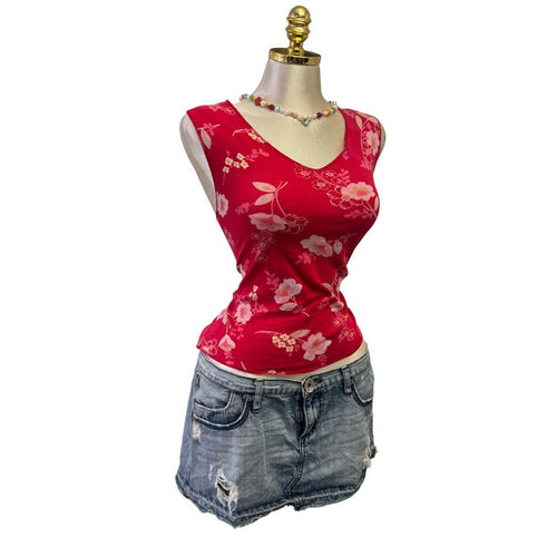 Y2K Vintage Red Floral V-Neck Tank Top [M]