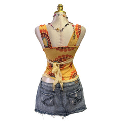 90s Vintage Yellow Dots Pattern - Tie Back Top  [XS]