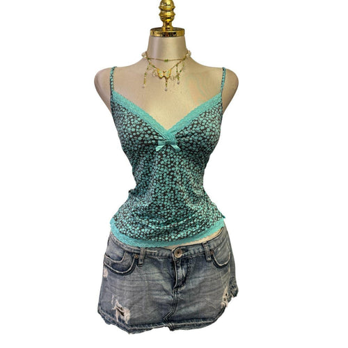 90s Vintage Blue Gray Floral Lace Trim Top [M]