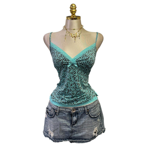 90s Vintage Blue Gray Floral Lace Trim Top [M]