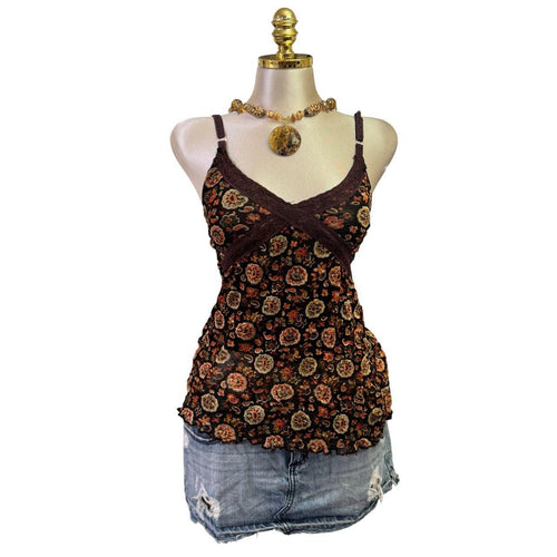 Y2K Vintage Brown Orange Floral Mesh Tank Top  [S]