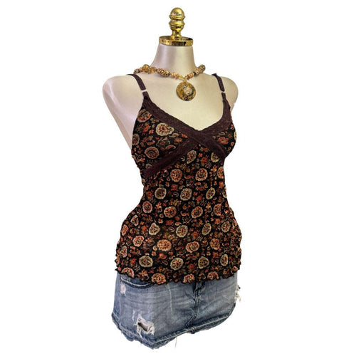 Y2K Vintage Brown Orange Floral Mesh Tank Top  [S]