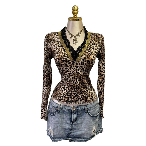 90s Vintage Brown Black Leopard Gold Trim Top [L]