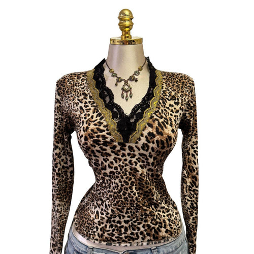 90s Vintage Brown Black Leopard Gold Trim Top [L]