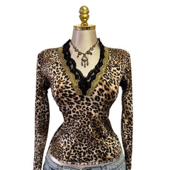 90s Vintage Brown Black Leopard Gold Trim Top [L]