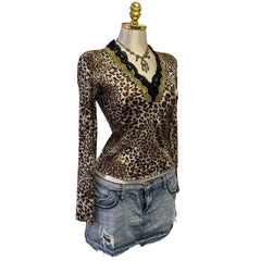90s Vintage Brown Black Leopard Gold Trim Top [L]