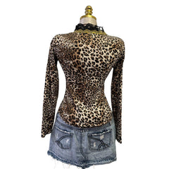 90s Vintage Brown Black Leopard Gold Trim Top [L]