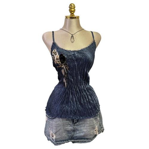 Y2K Vintage Blue Gold Sequin Velvet Top  [M]