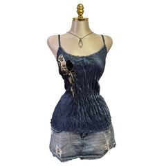 Y2K Vintage Blue Gold Sequin Velvet Top  [M]