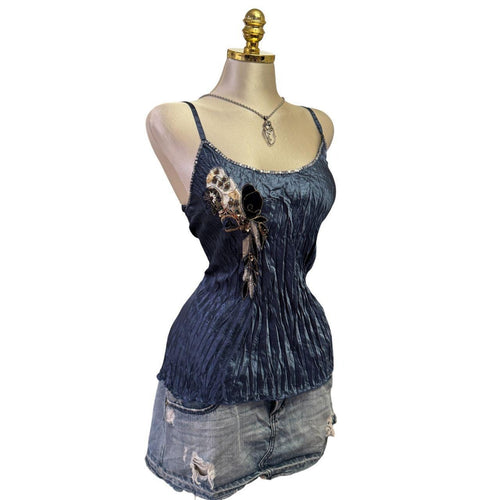 Y2K Vintage Blue Gold Sequin Velvet Top  [M]