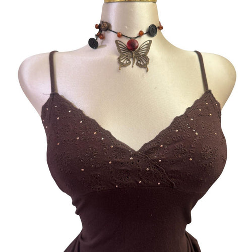 Y2K Vintage Brown Sequin Floral Top [M]