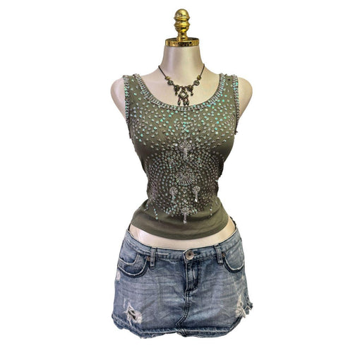 Y2K Vintage Green Sequin Beaded Tank Top  [S]