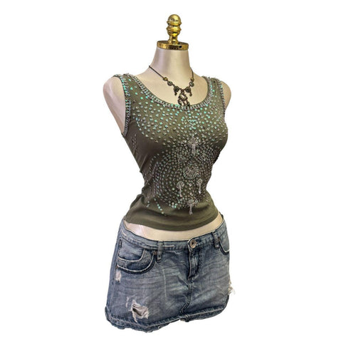 Y2K Vintage Green Sequin Beaded Tank Top  [S]