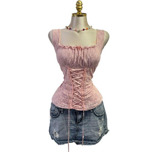 Y2K Rare Vintage Pink Floral Lace Front Ruffle Trim Top  [M]