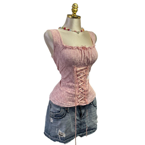 Y2K Rare Vintage Pink Floral Lace Front Ruffle Trim Top  [M]