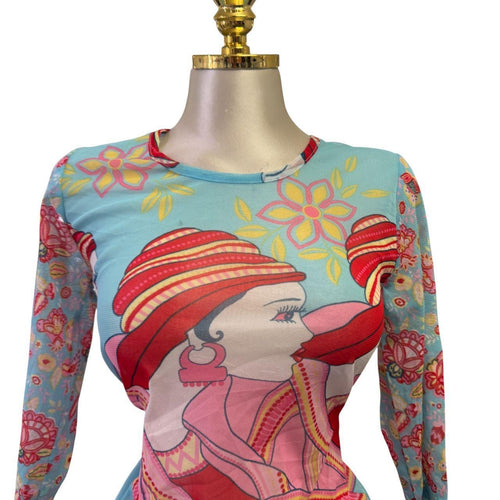 Y2K Vintage Blue Pink Red People Floral Mesh Top [M]