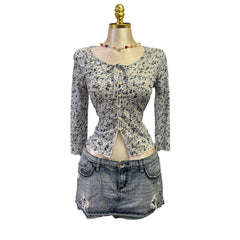 Y2K Vintage Blue Graphic Peasant Top [S]