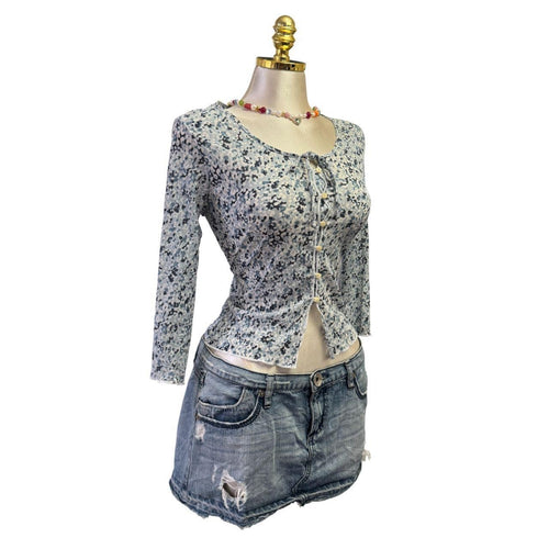 Y2K Vintage Blue Graphic Peasant Top [S]