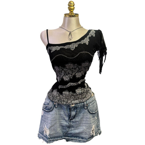 Y2K Vintage Black Silver Glitter Floral One Shoulder Top [S]