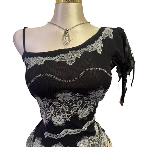 Y2K Vintage Black Silver Glitter Floral One Shoulder Top [S]