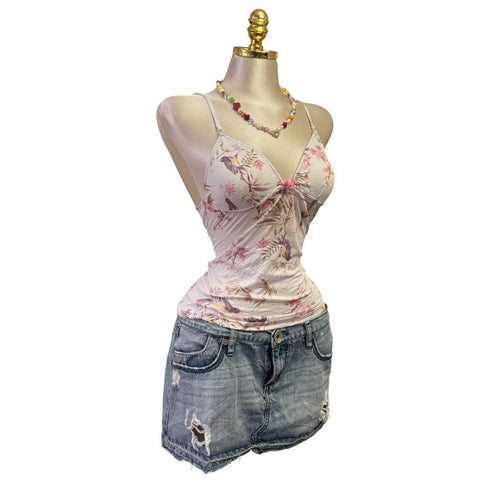 90s Vintage White Pink Floral Birds Top [S]