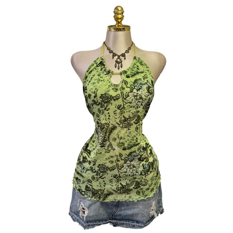 90s Vintage White Mesh W/ Black Red Beige Tie-dye Lining Top  [L]