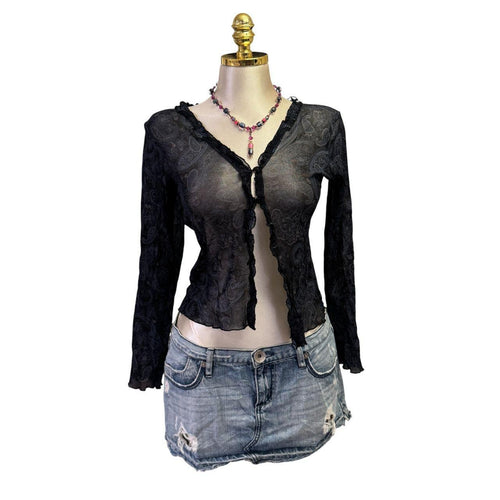 Y2K Vintage Black Blue Paisley Mesh Top [S]