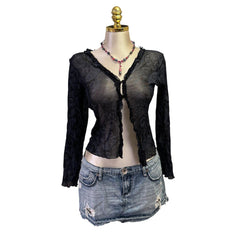 Y2K Vintage Black Blue Paisley Mesh Top [S]