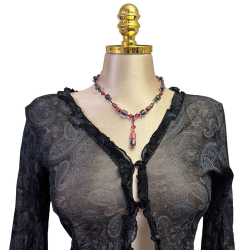 Y2K Vintage Black Blue Paisley Mesh Top [S]