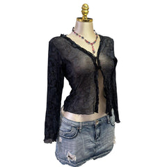 Y2K Vintage Black Blue Paisley Mesh Top [S]