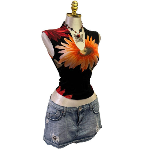 90s Vintage Orange Daisy V Neck Top  [XS]