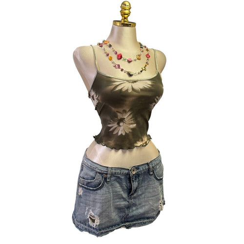 90s Vintage Olive Green Daisy Mesh Top  [XS]