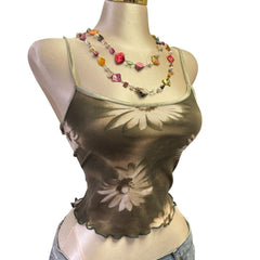 90s Vintage Olive Green Daisy Mesh Top  [XS]