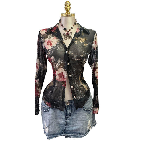 Y2K Vintage Black Red Ivory Floral Top [M]