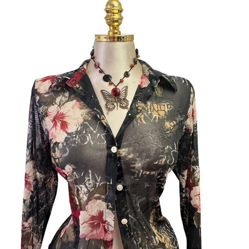 Y2K Vintage Black Red Ivory Floral Top [M]