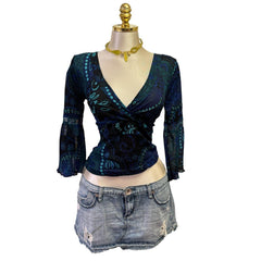 Y2K Vintage Blue Teal Paisley Top  [M]