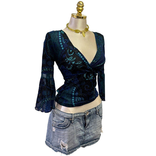Y2K Vintage Blue Teal Paisley Top  [M]