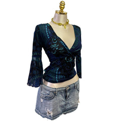 Y2K Vintage Blue Teal Paisley Top  [M]