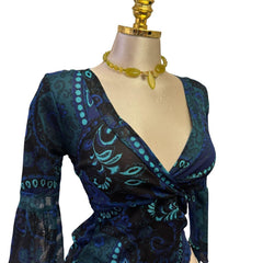 Y2K Vintage Blue Teal Paisley Top  [M]