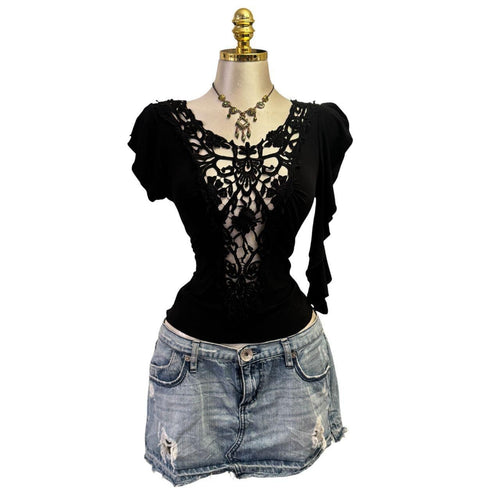 Y2K Vintage Black Lace Sheer Top [M]