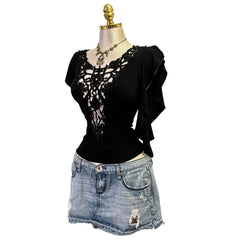 Y2K Vintage Black Lace Sheer Top [M]