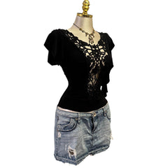 Y2K Vintage Black Lace Sheer Top [M]