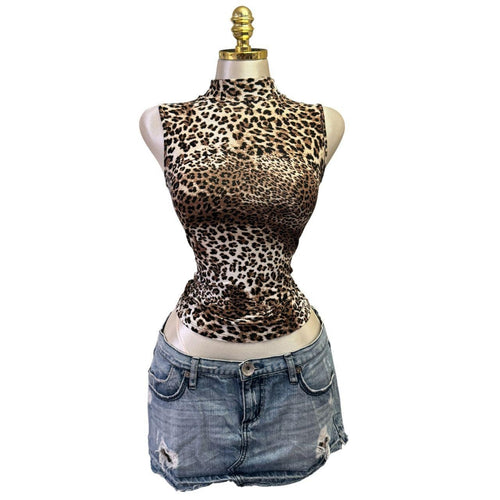 Y2K Vintage Brown Leopard Turtleneck Tank Top [S]