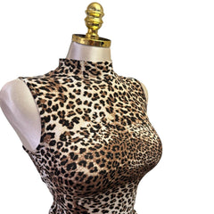 Y2K Vintage Brown Leopard Turtleneck Tank Top [S]